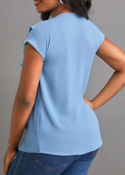 Light Blue Button Short Sleeve V Neck Blouse 8 Light Blue Button Short Sleeve V Neck Blouse -UrbanLayer Store 334622 P 16855013217181