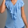 Light Blue Button Short Sleeve V Neck Blouse -UrbanLayer Store 334622 P 16855013217900