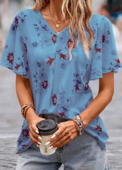 Blue Floral Print Short Sleeve V Neck Blouse -UrbanLayer Store 334630 P 16853574170423