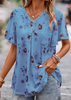 Blue Floral Print Short Sleeve V Neck Blouse -UrbanLayer Store 334630 P 16853574170735