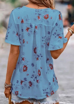 Blue Floral Print Short Sleeve V Neck Blouse -UrbanLayer Store 334630 P 16853574172451