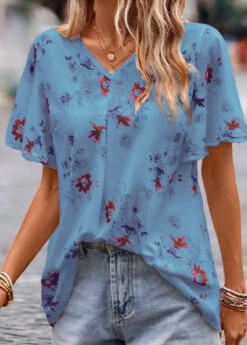 Blue Floral Print Short Sleeve V Neck Blouse -UrbanLayer Store 334630 P 16853574178622