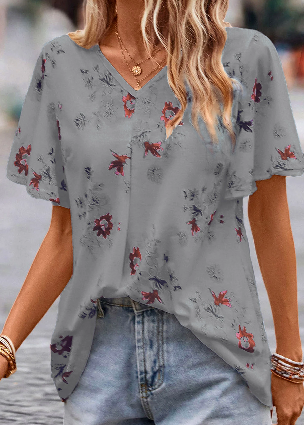 Grey Floral Print Short Sleeve V Neck Blouse 5 Grey Floral Print Short Sleeve V Neck Blouse - Image 3
