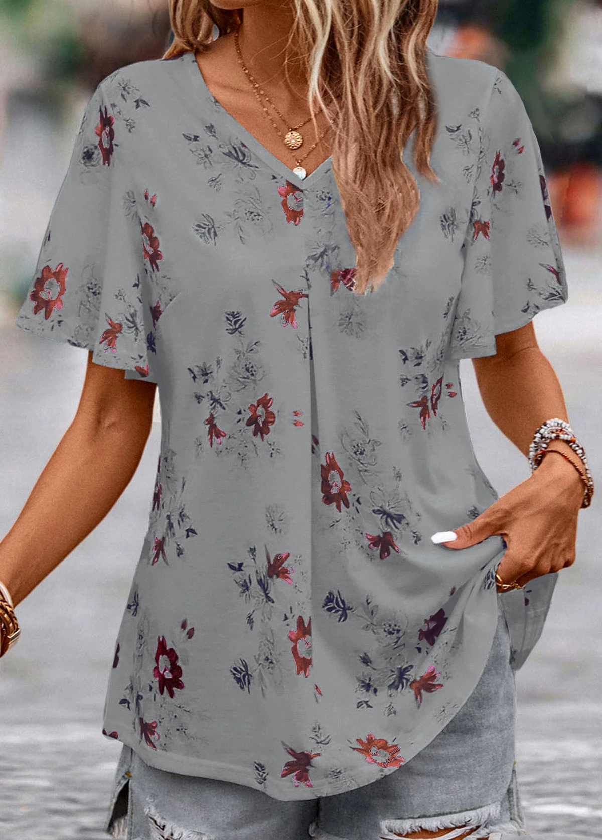 Grey Floral Print Short Sleeve V Neck Blouse 3 Grey Floral Print Short Sleeve V Neck Blouse