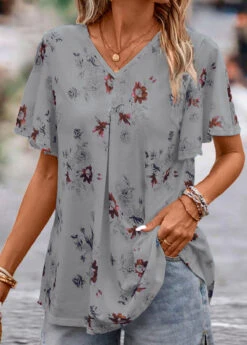 Grey Floral Print Short Sleeve V Neck Blouse 13 Grey Floral Print Short Sleeve V Neck Blouse -UrbanLayer Store 334632 P 16853574193295