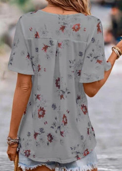 Grey Floral Print Short Sleeve V Neck Blouse 9 Grey Floral Print Short Sleeve V Neck Blouse -UrbanLayer Store 334632 P 16853574196591