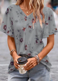 Grey Floral Print Short Sleeve V Neck Blouse 11 Grey Floral Print Short Sleeve V Neck Blouse -UrbanLayer Store 334632 P 16853574199133