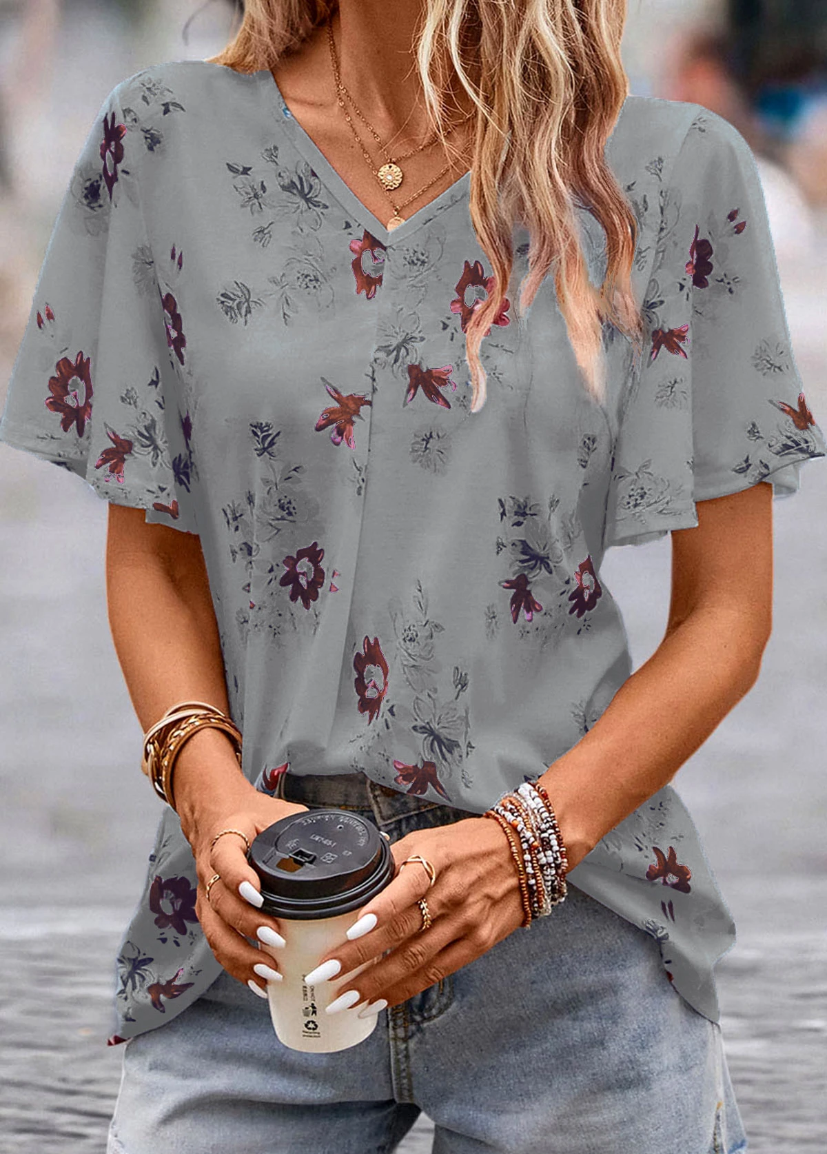 Grey Floral Print Short Sleeve V Neck Blouse 6 Grey Floral Print Short Sleeve V Neck Blouse - Image 4