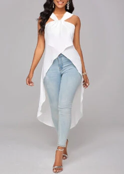 White Cross Hem Sleeveless V Neck Blouse