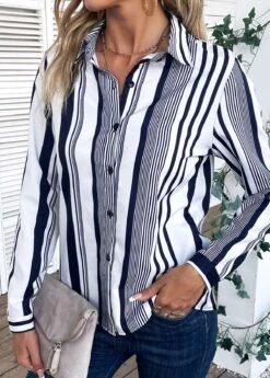 White Striped Long Sleeve Shirt Collar Blouse -UrbanLayer Store 334956 P 16873441200072