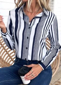 White Striped Long Sleeve Shirt Collar Blouse -UrbanLayer Store 334956 P 16873441208134