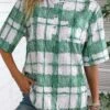 White Button Plaid Half Sleeve Round Neck Blouse