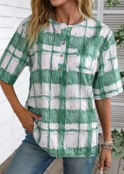 White Button Plaid Half Sleeve Round Neck Blouse