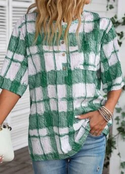 White Button Plaid Half Sleeve Round Neck Blouse -UrbanLayer Store 335046 P 16878519425083