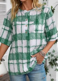 White Button Plaid Half Sleeve Round Neck Blouse -UrbanLayer Store 335046 P 16878519429462