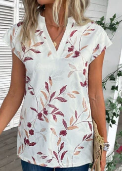 White Split Leaf Print Short Sleeve Blouse -UrbanLayer Store 335052 P 16868334642870