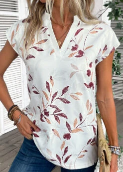 White Split Leaf Print Short Sleeve Blouse -UrbanLayer Store 335052 P 16868334644204