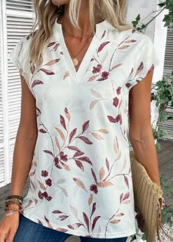 White Split Leaf Print Short Sleeve Blouse -UrbanLayer Store 335052 P 16868334644383