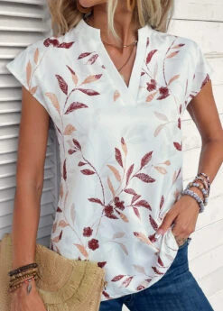 White Split Leaf Print Short Sleeve Blouse -UrbanLayer Store 335052 P 16868334646815