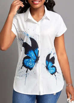 White Button Butterfly Print Short Sleeve Blouse