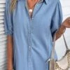 Light Blue Button Half Sleeve Shirt Collar Blouse -UrbanLayer Store 335273 P 16869216572334
