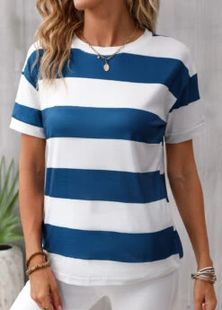 Blue Striped Short Sleeve Round Neck T Shirt -UrbanLayer Store 335291 P 16868290422642
