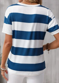 Blue Striped Short Sleeve Round Neck T Shirt -UrbanLayer Store 335291 P 16868290424961