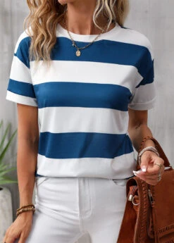 Blue Striped Short Sleeve Round Neck T Shirt -UrbanLayer Store 335291 P 16868290426054