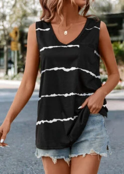 Black Striped V Neck Tank Top