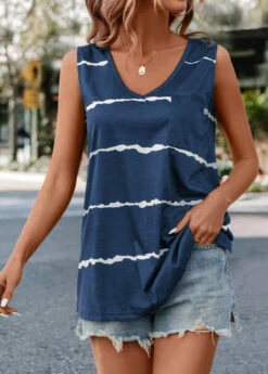 Navy Striped V Neck Tank Top -UrbanLayer Store 335380 P 16855259551122