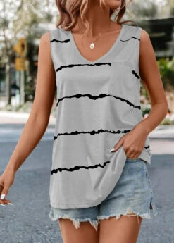 Grey Striped V Neck Tank Top -UrbanLayer Store 335381 P 16855260159102