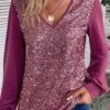 Dark Reddish Purple Sequin Long Sleeve Blouse