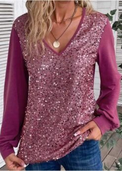 Dark Reddish Purple Sequin Long Sleeve Blouse