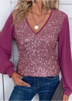 Dark Reddish Purple Sequin Long Sleeve Blouse -UrbanLayer Store 335616 P 16952857994082