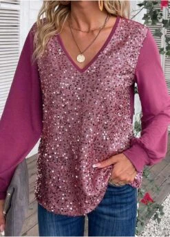 Dark Reddish Purple Sequin Long Sleeve Blouse -UrbanLayer Store 335616 P 16952857998154