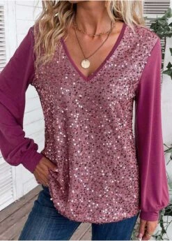 Dark Reddish Purple Sequin Long Sleeve Blouse -UrbanLayer Store 335616 P 16952857998293