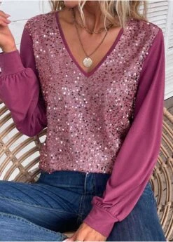 Dark Reddish Purple Sequin Long Sleeve Blouse -UrbanLayer Store 335616 P 16952857998425