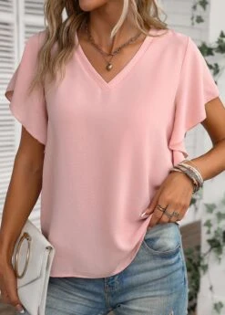 Dusty Pink Ruffle Short Sleeve V Neck Blouse -UrbanLayer Store 335707 P 16879414982853