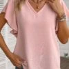 Dusty Pink Ruffle Short Sleeve V Neck Blouse -UrbanLayer Store 335707 P 16879414984520