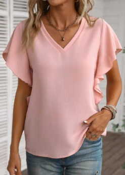 Dusty Pink Ruffle Short Sleeve V Neck Blouse -UrbanLayer Store 335707 P 16879414989682