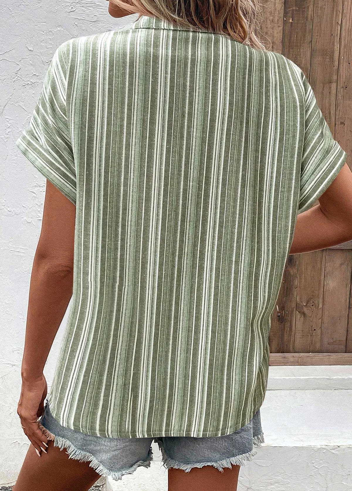 Sage Green Button Striped Short Sleeve Blouse 4 Sage Green Button Striped Short Sleeve Blouse - Image 2