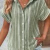 Sage Green Button Striped Short Sleeve Blouse -UrbanLayer Store 335867 P 1686306799350