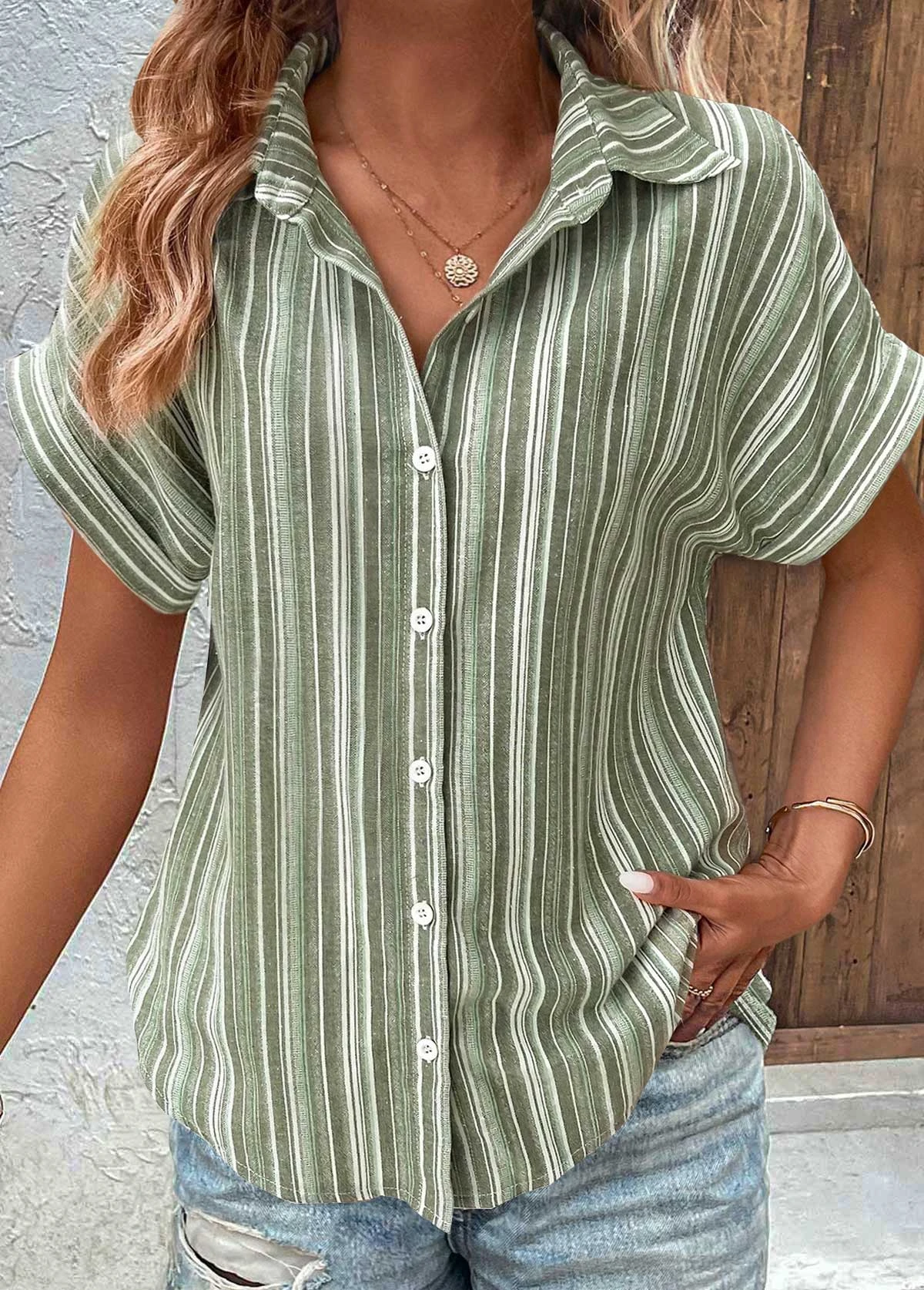 Sage Green Button Striped Short Sleeve Blouse 3 Sage Green Button Striped Short Sleeve Blouse
