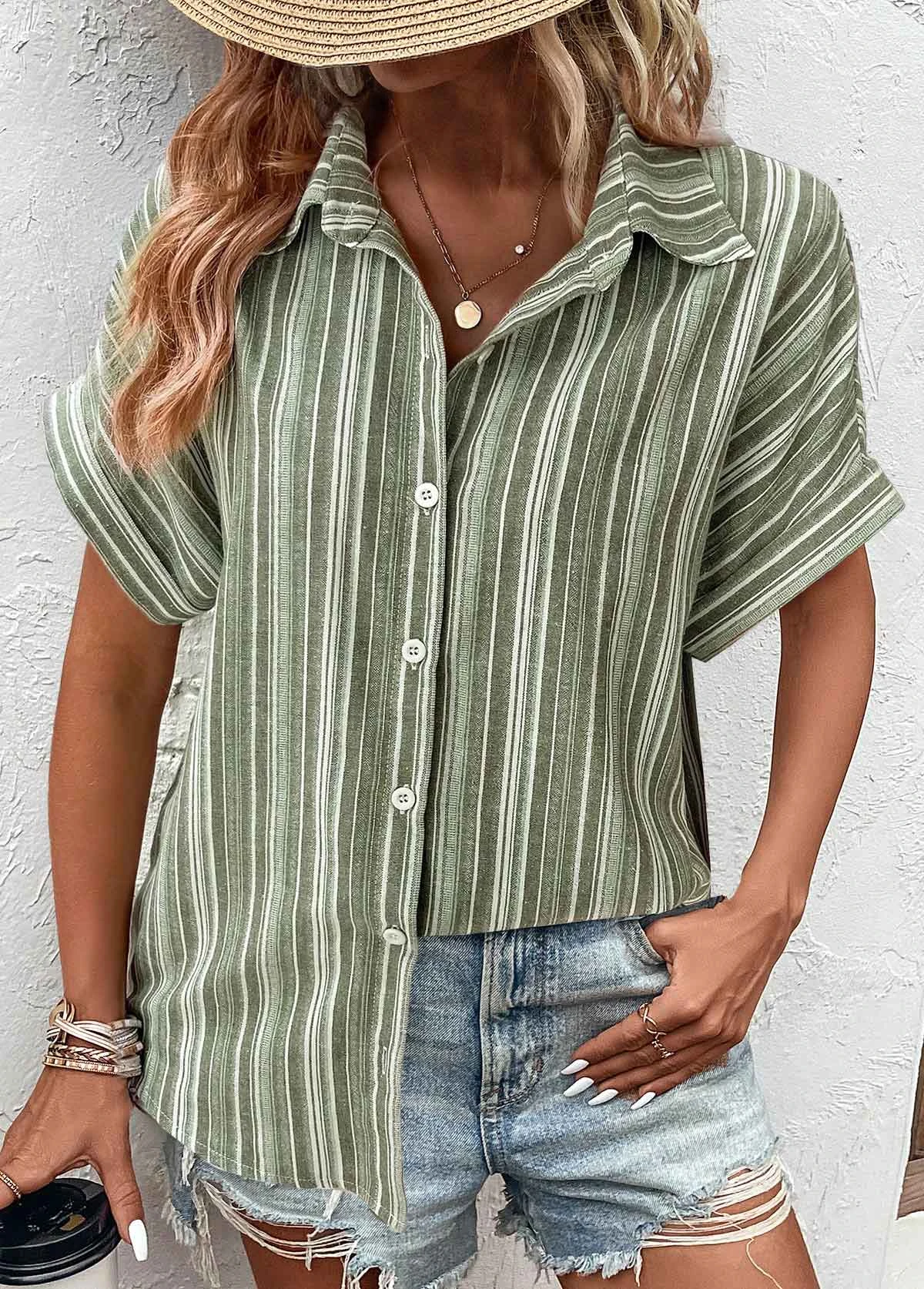 Sage Green Button Striped Short Sleeve Blouse 5 Sage Green Button Striped Short Sleeve Blouse - Image 3