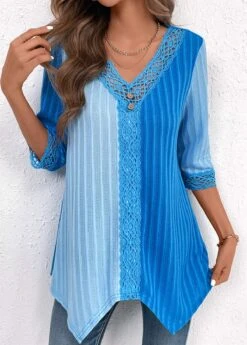 Sky Blue Patchwork Three Quarter Length Sleeve Blouse 13 Sky Blue Patchwork Three Quarter Length Sleeve Blouse -UrbanLayer Store 336019 P 16904533622775