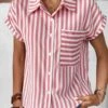 Pink Pocket Striped Short Sleeve Shirt Collar Blouse -UrbanLayer Store 336034 P 1686555393162