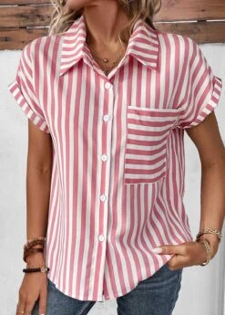 Pink Pocket Striped Short Sleeve Shirt Collar Blouse