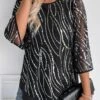 Black Sequin Three Quarter Length Sleeve Blouse 2 Black Sequin Three Quarter Length Sleeve Blouse -UrbanLayer Store 336380 P 16915762144460