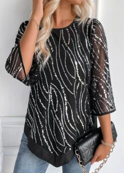 Black Sequin Three Quarter Length Sleeve Blouse