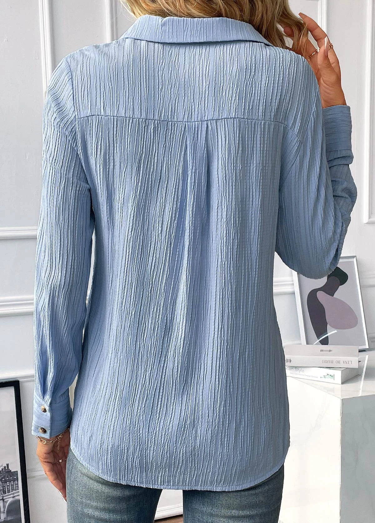 Light Blue Button Long Sleeve Shirt Collar Blouse 4 Light Blue Button Long Sleeve Shirt Collar Blouse - Image 2